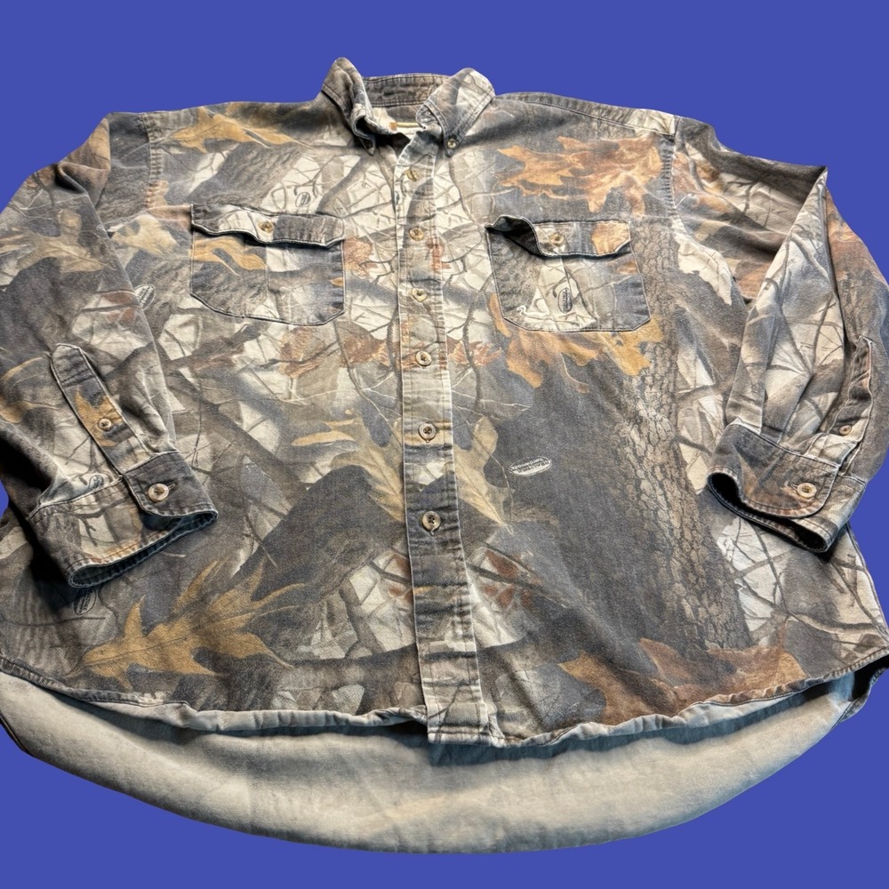 Duxbak Camo Button Down Shirt Large Hunting Woodland Long Sleeve 100% Cotton